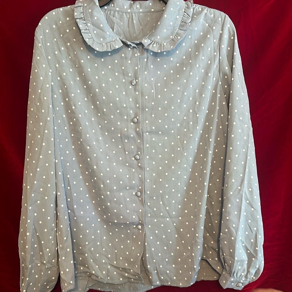 Light Blue Collared Top with White Polka Dots